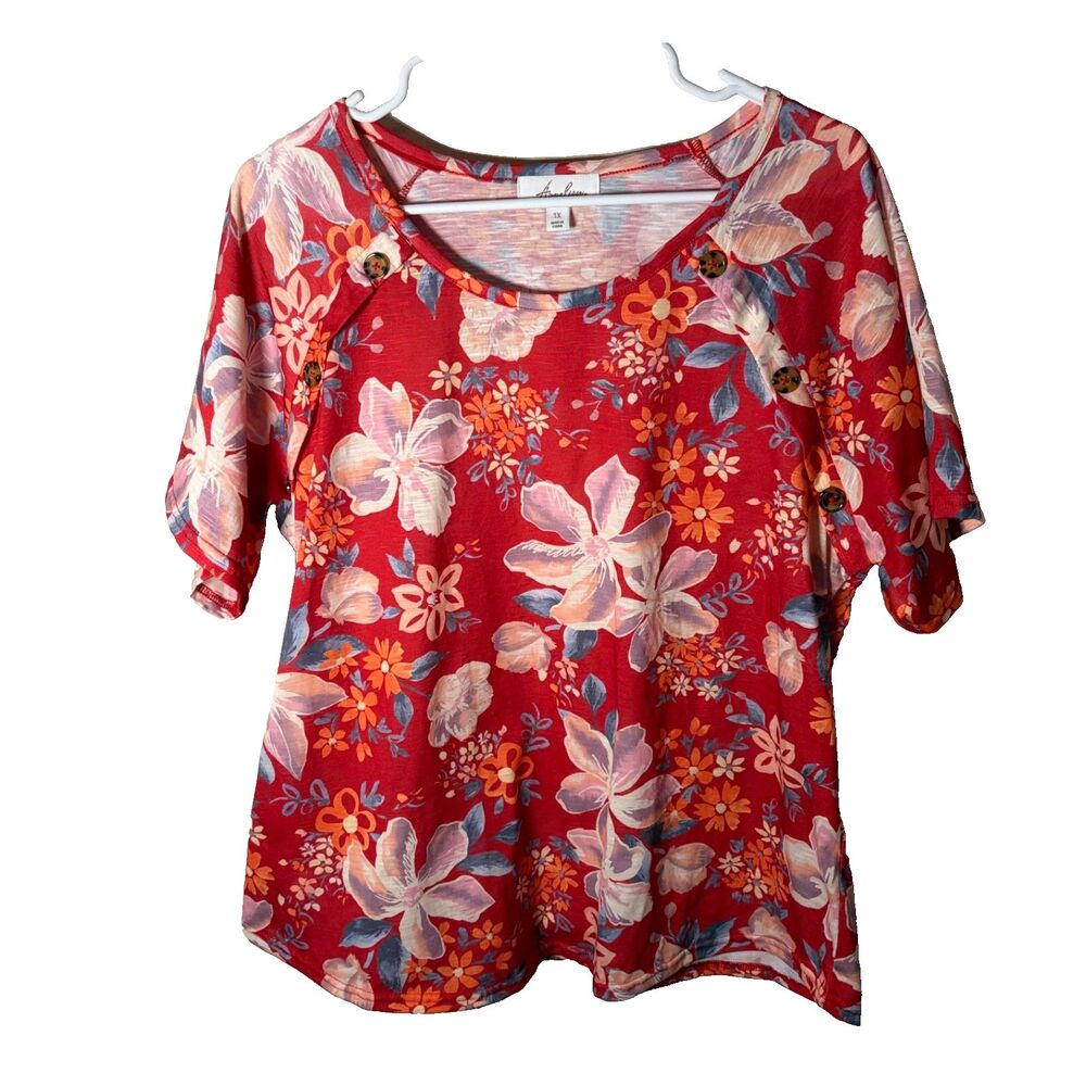 Anneliese Blouse Women's 1X Red Floral Short Sleeve Colorful Artsy Shirt Top